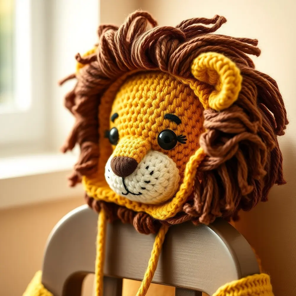 Child wearing crochet lion mane hood with golden chunky yarn