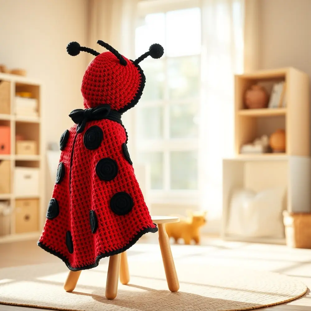 Child in red crochet cape with black spots and antennae headband