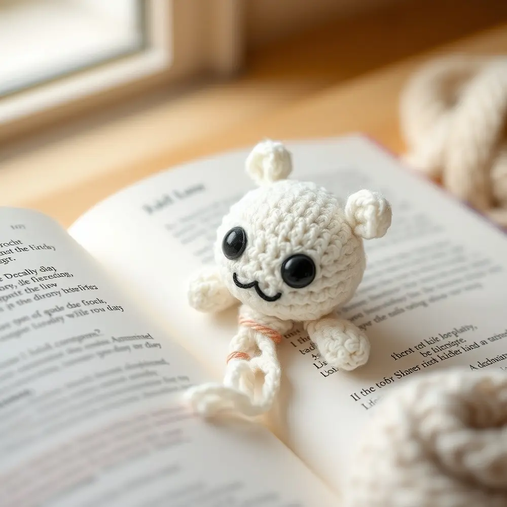 Flat crochet mummy bookmark with white wraps and black eyes peeking out of a book