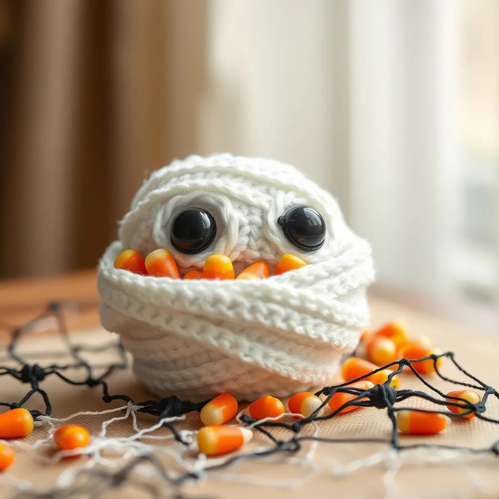 Crochet mummy candy bowl wrapped in white bandages with googly eyes