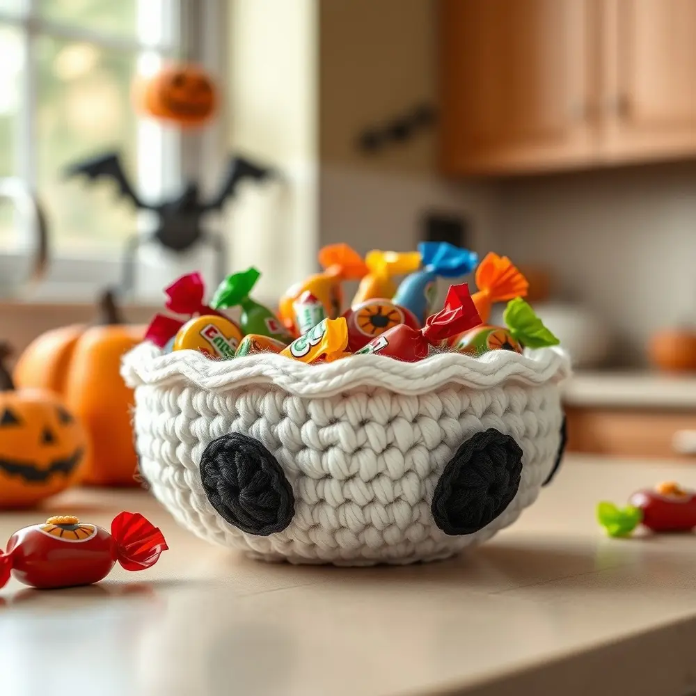 Crocheted mummy bowl wrapped in white yarn strips holding Halloween candy