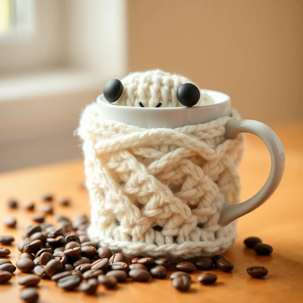 Crocheted cream mummy coffee cozy with two black button eyes wrapped around a paper cup.