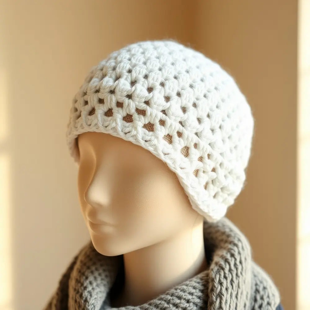 Crocheted mummy ear warmer with textured white wraps and two googly eyes