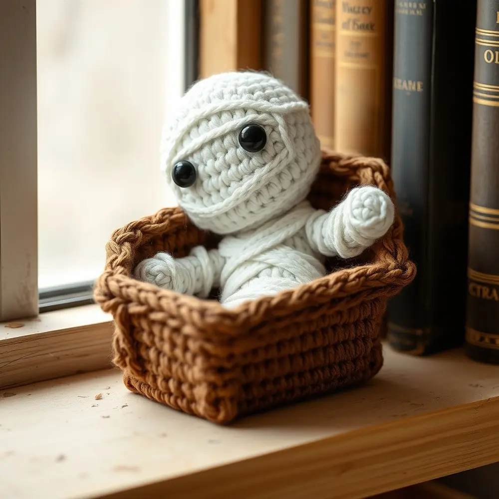 Crocheted white mummy lying inside a small purple coffin-shaped case.
