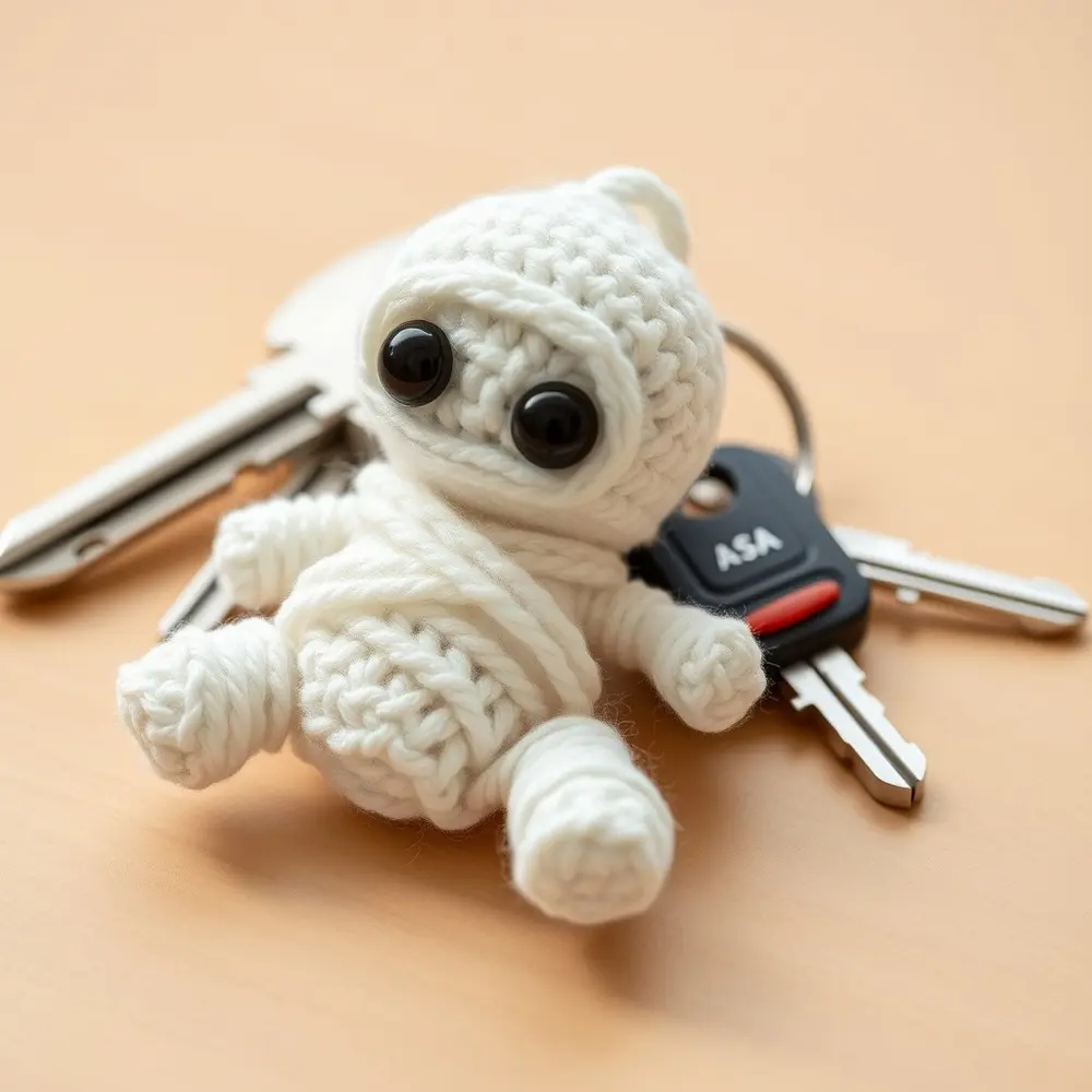 Small crochet mummy charm with black bead eyes attached to a keyring