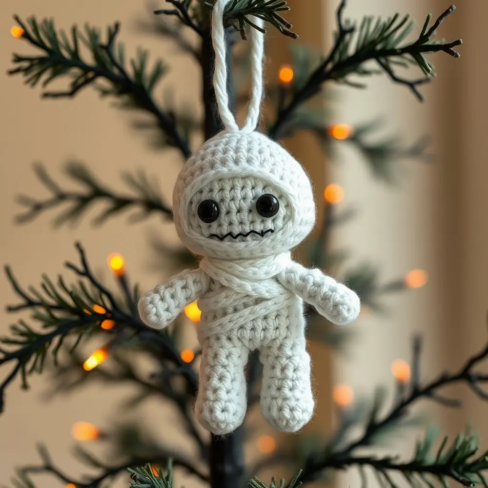 Small crochet mummy ornament with bead eyes hanging on a rustic twig wreath