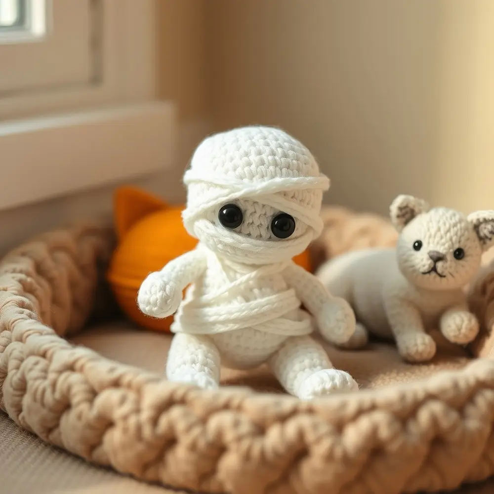 Crocheted mummy pet toy with wrapped white yarn and safety eyes on wood floor