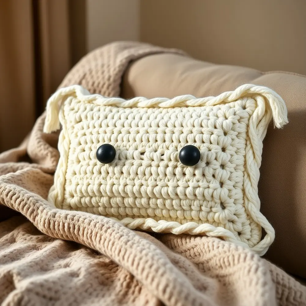 Crochet mummy pillow with cream wrap texture and black felt eyes on a sofa.