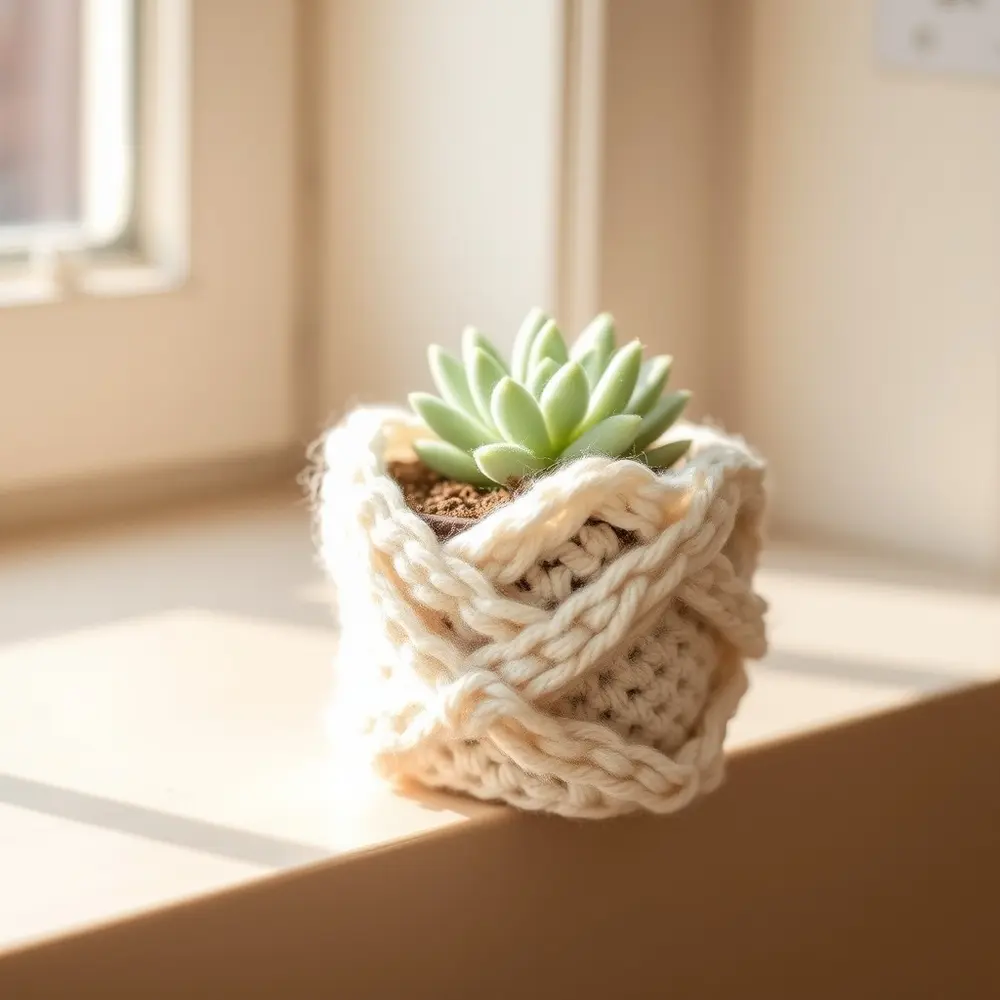 Crocheted white mummy cozy covering a small terracotta pot with a green plant.