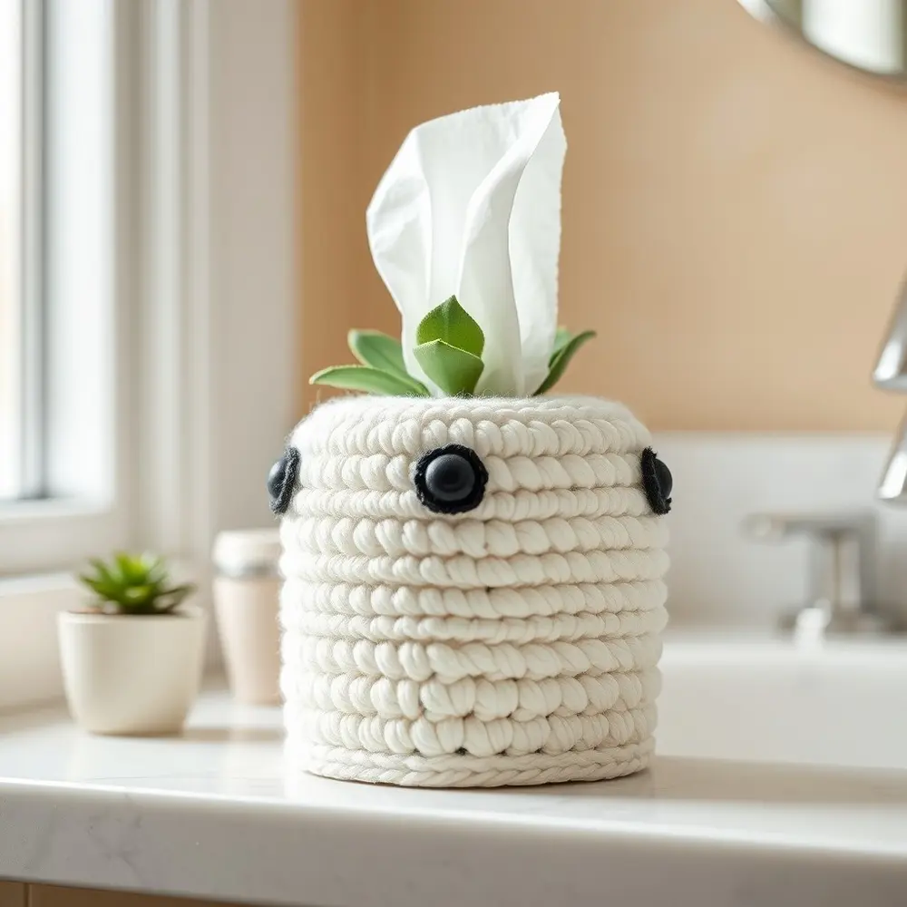 White crochet mummy cover on a tissue box with googly eyes and dangling yarn strips.