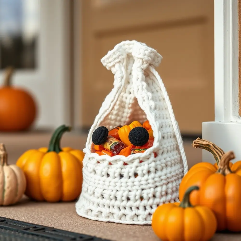 Crochet mummy treat bag with cream wraps and black eyes, filled with Halloween candy.