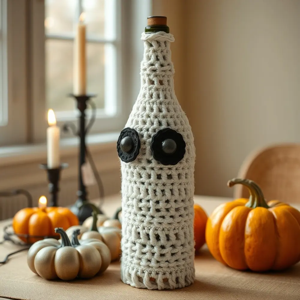 Crocheted mummy wine bottle cover with white yarn and googly eyes on a bottle.