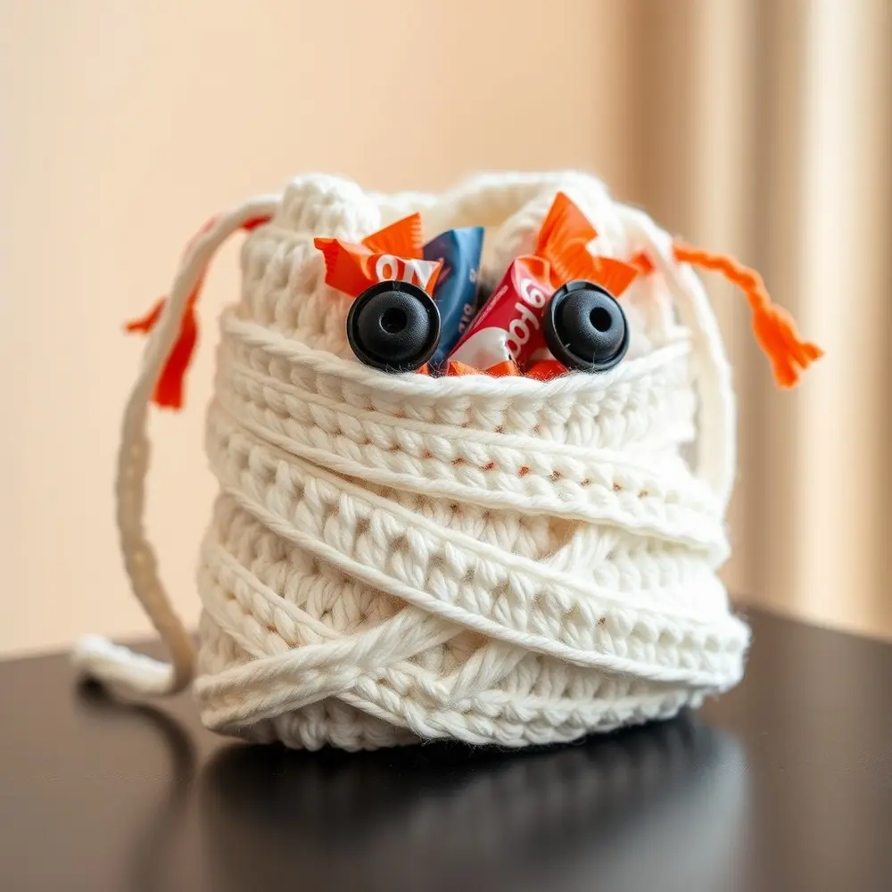 Crochet mummy bag with uneven white wraps and two googly eyes
