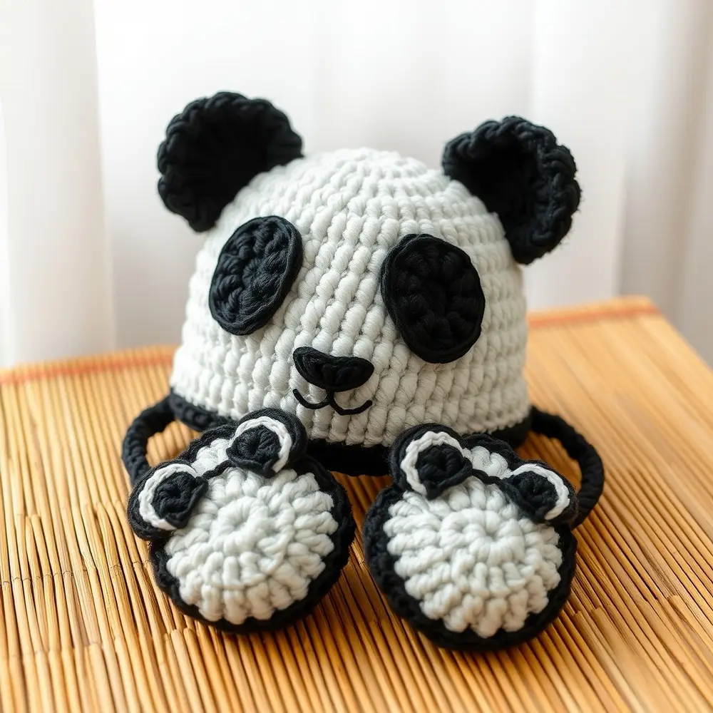 Child wearing black and white panda hat with ears and matching paw mitts