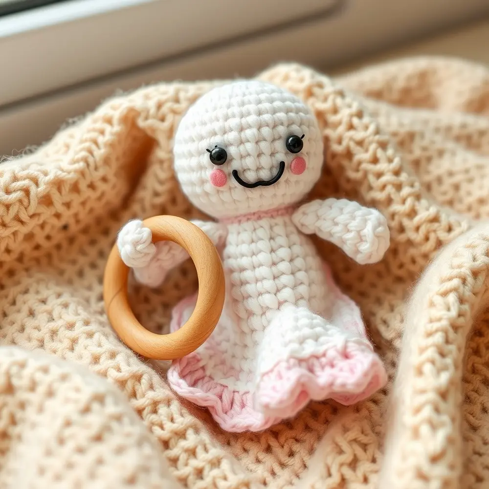 Soft pastel crochet ghost baby rattle with mint body and pink cheeks