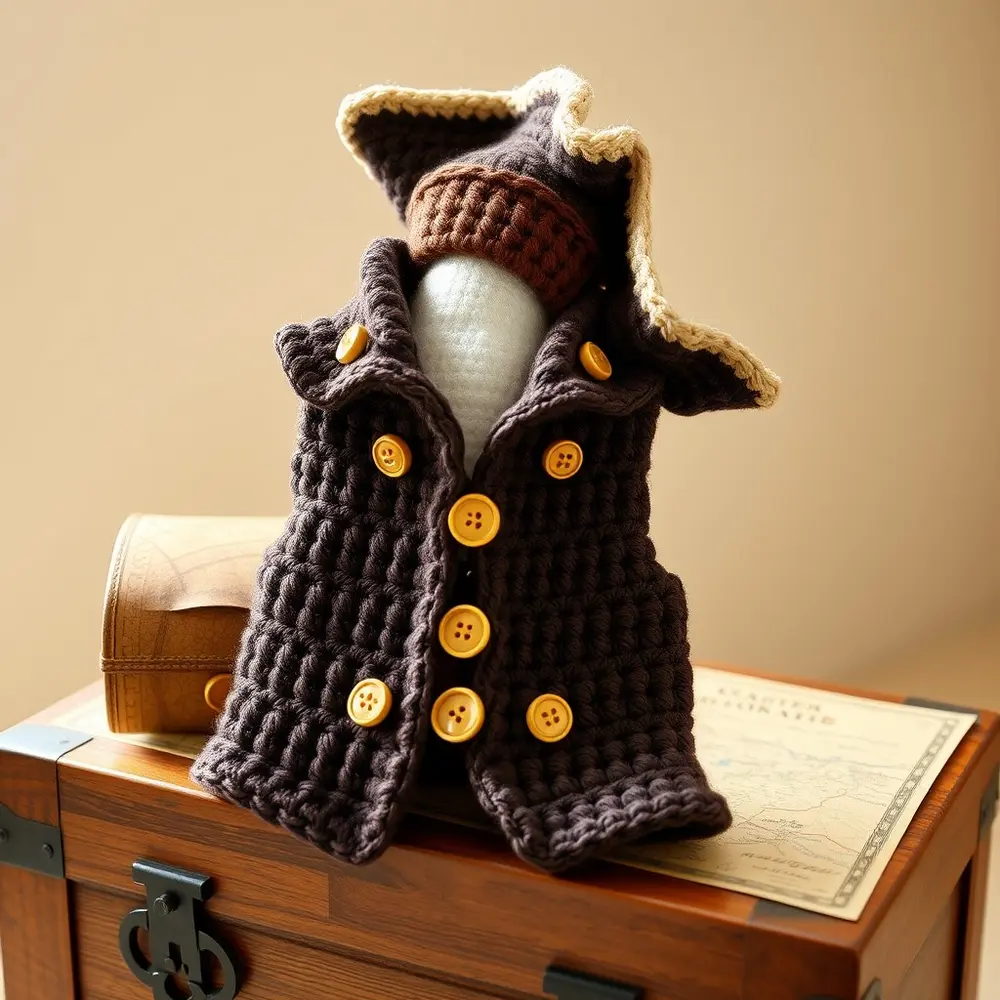 Child wearing crochet pirate vest with gold buttons and tricorn hat.