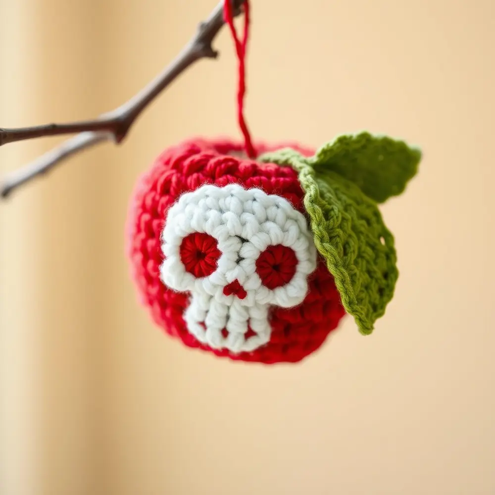 Crochet red apple ornament with black skull face and stem.