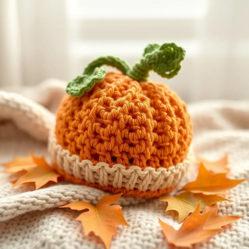 Baby wearing an orange crochet pumpkin hat with a green stem, sitting on a hay bale.
