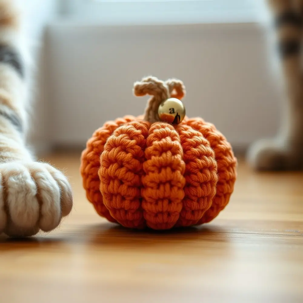Orange crochet pumpkin with green stem on wooden floor, cat paw reaching