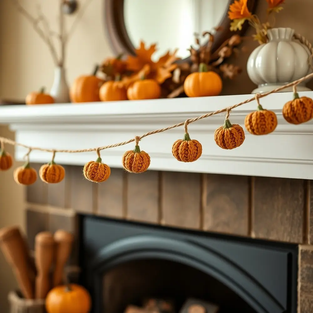Crochet pumpkin garland draped over a wooden mantel with fall decor.
