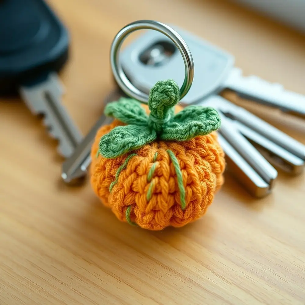 Small orange crochet pumpkin attached to a keychain with a green stem.