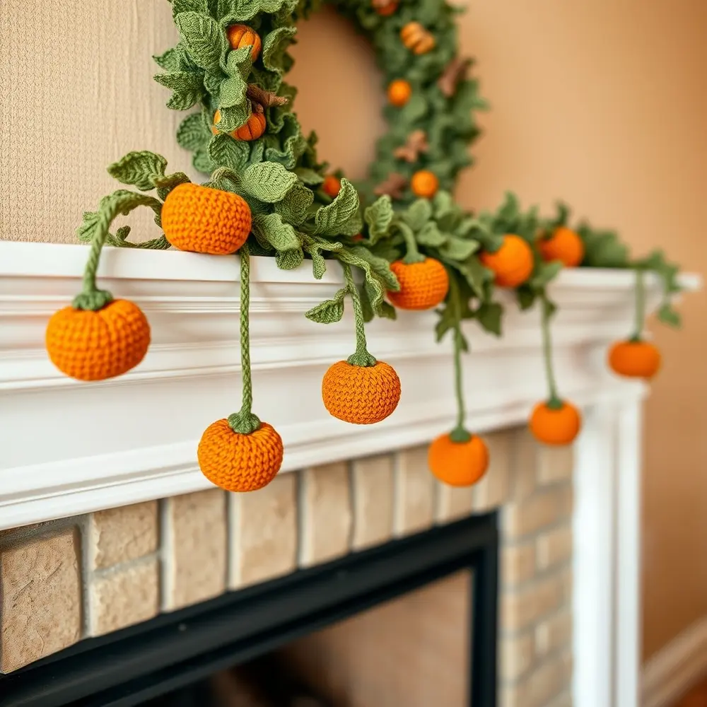 Colorful mini crochet pumpkins in orange and green hanging on a twine garland.
