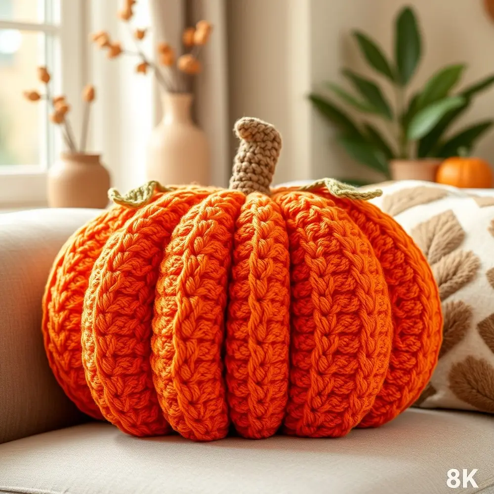 Large crochet pumpkin pillow cover in burnt orange on a gray couch
