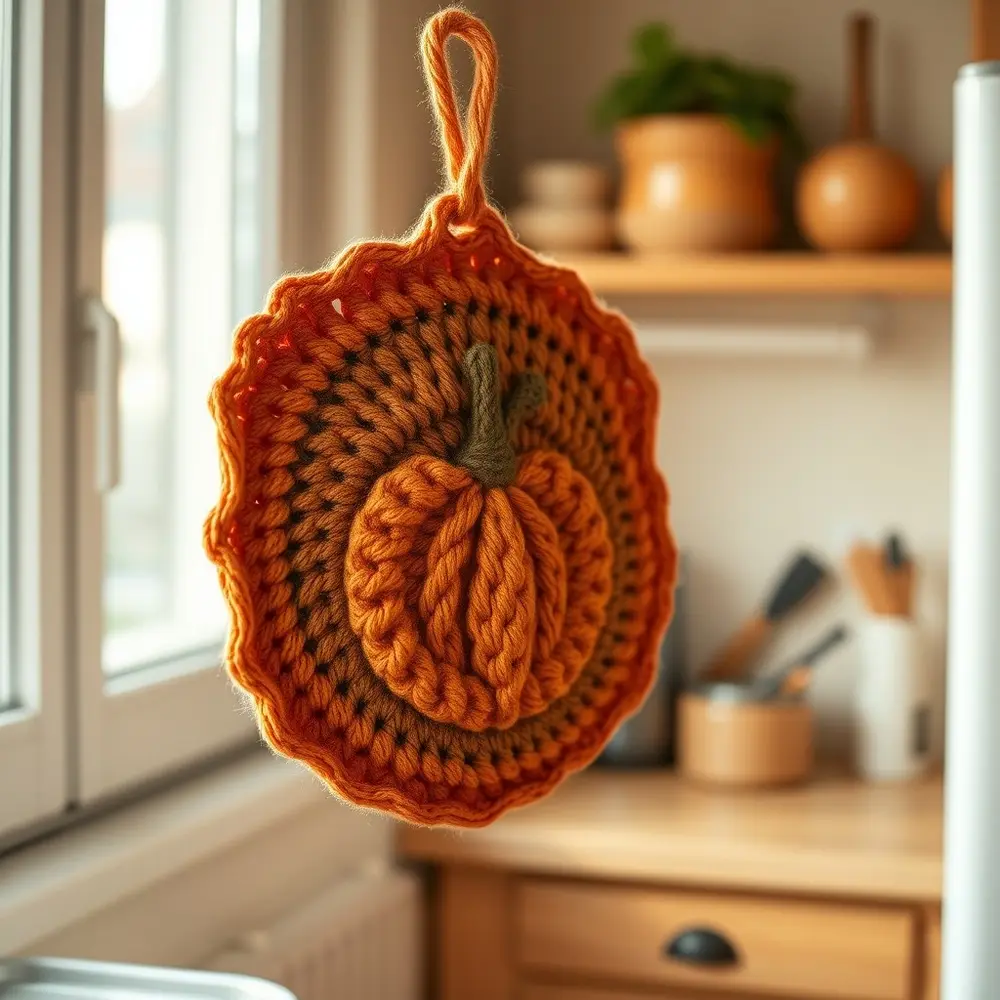 Orange and cream crochet pumpkin potholder with hanging loop on oven door.