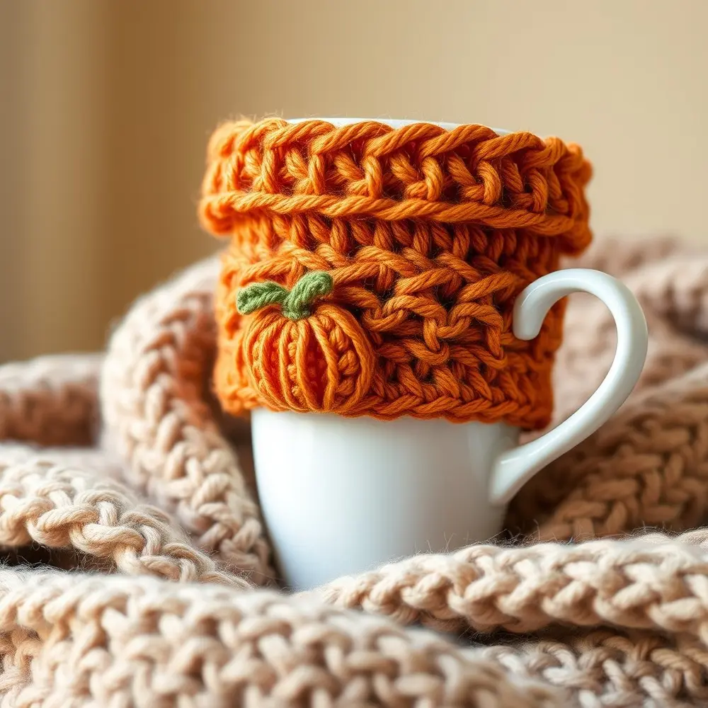 Crochet coffee cup cozy in cinnamon and cream with orange pumpkin applique.