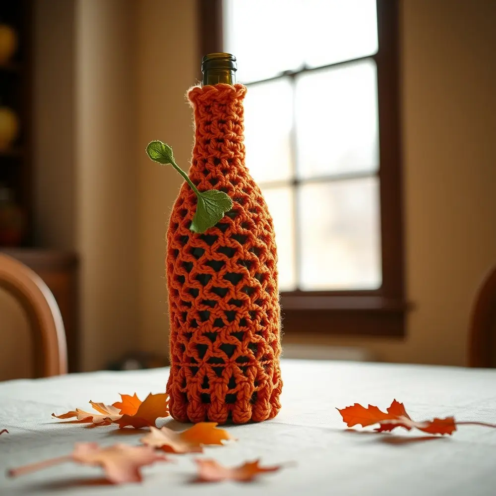 Crocheted orange pumpkin cover on a wine bottle with green stem.