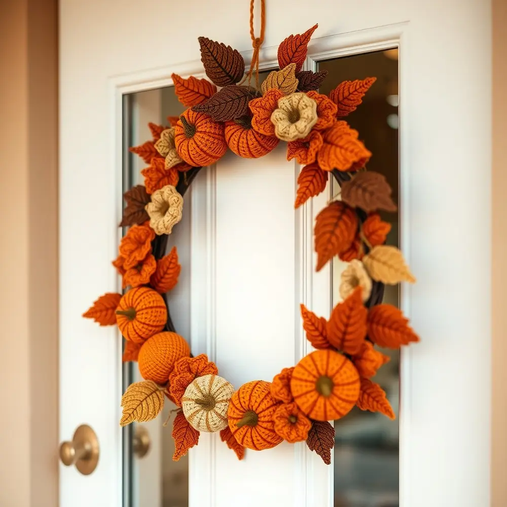 Front door with a grapevine wreath decorated with crochet pumpkins and leaves.