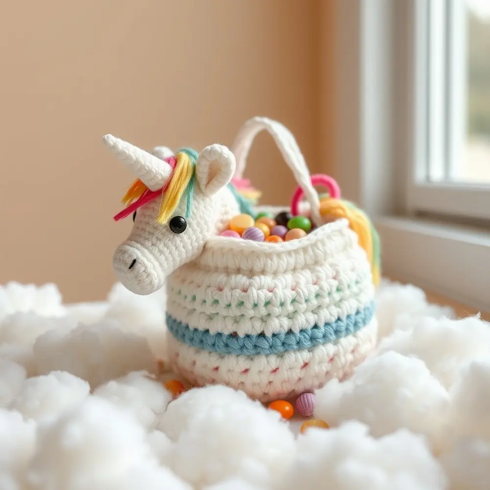 Crochet unicorn treat bag with pastel rainbow body, gold horn, and colorful mane.