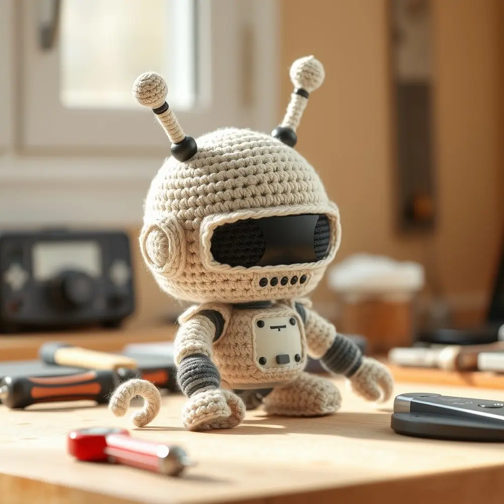 Child wearing a silver crochet robot head with felt buttons and antennae.