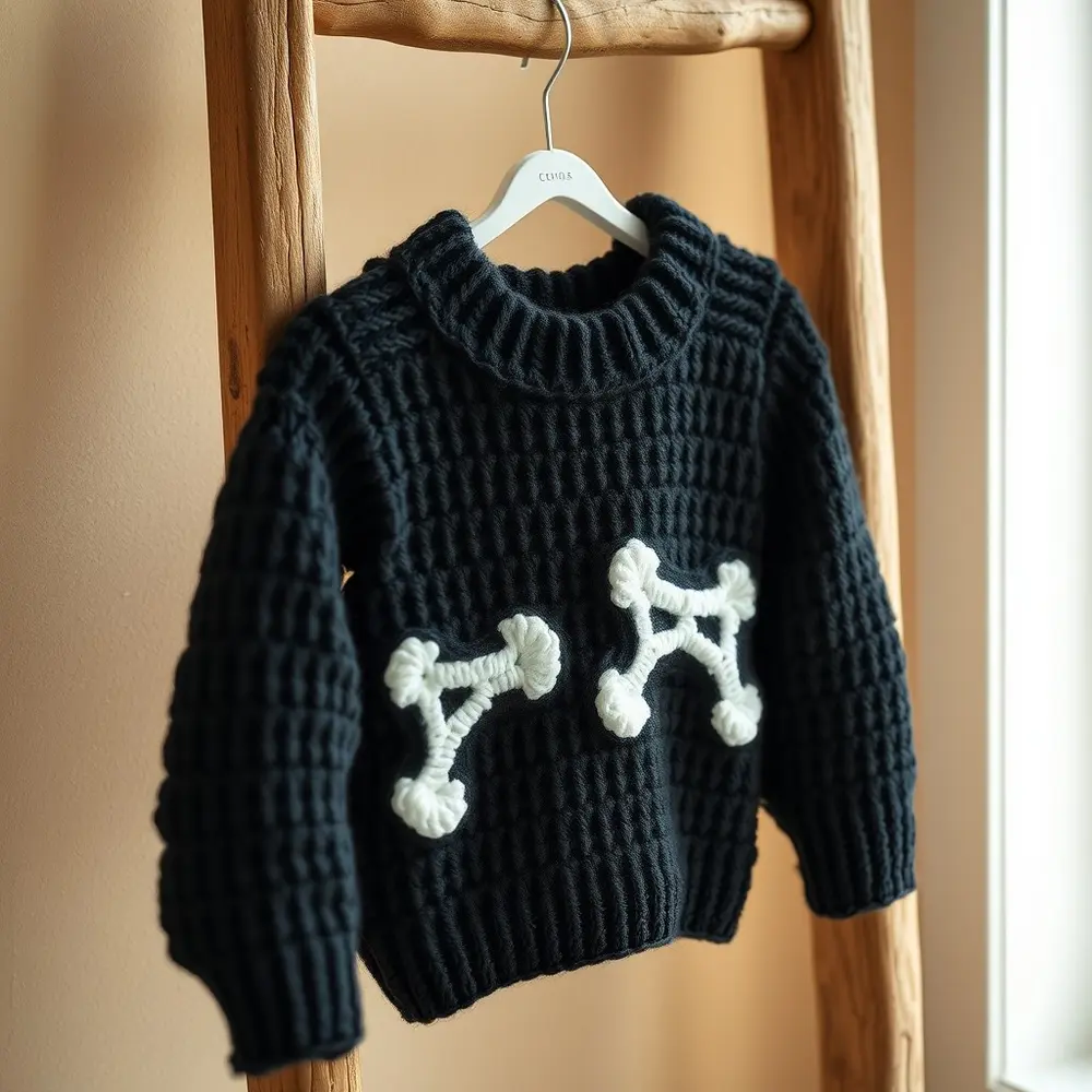 Black sweater with white bone appliqués and glow-in-the-dark outlines.