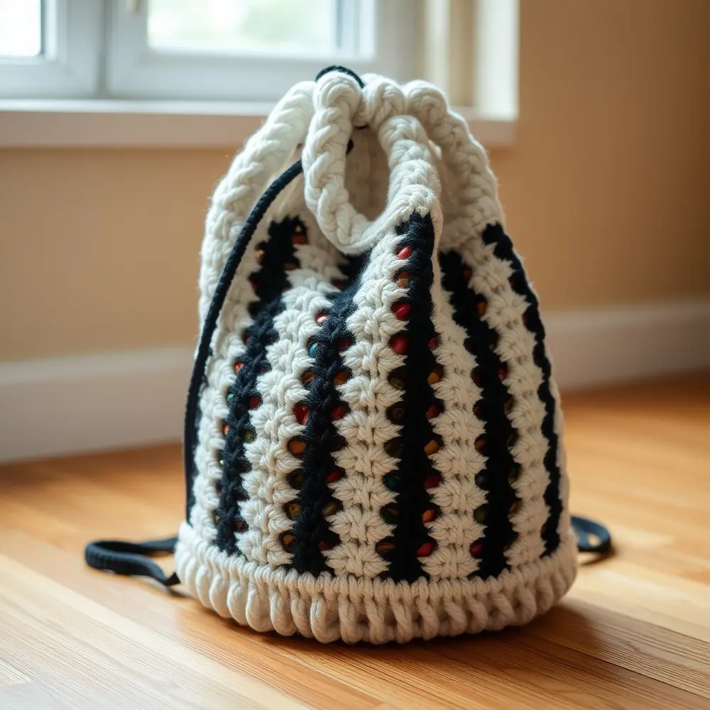 White crochet mini backpack with black ribcage design and drawstring top.