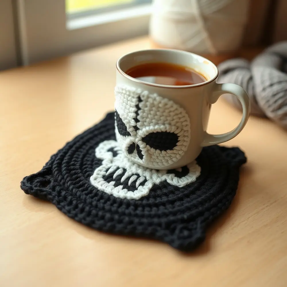 Crochet skull coaster in white and black on a wooden table