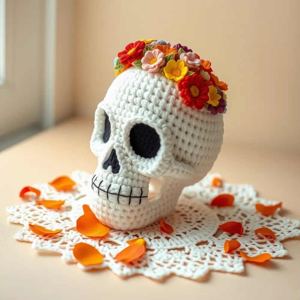 Crocheted white skull with pink, yellow, and teal flower crown on a shelf