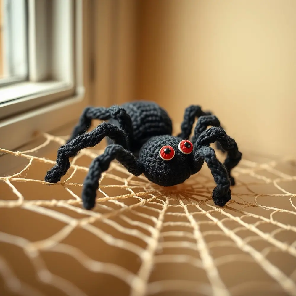 Black crochet spider with eight bendy legs posed on a small orange pumpkin