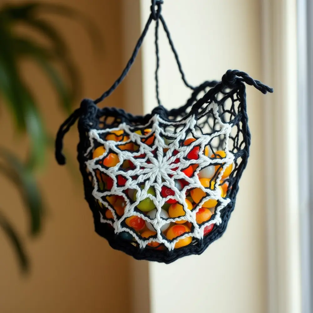 Black crocheted spiderweb bag filled with colorful candy on a wooden table.