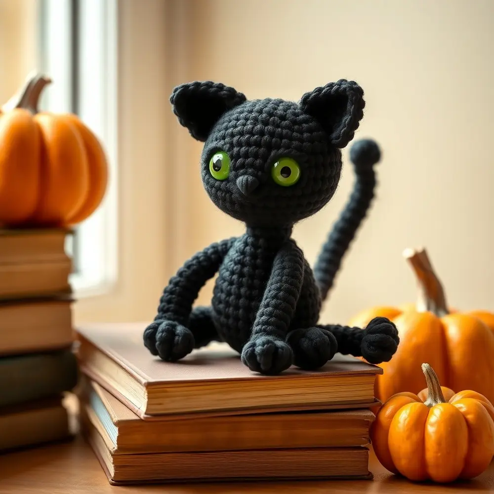 Small black crochet cat with gold eyes sitting on an orange pumpkin