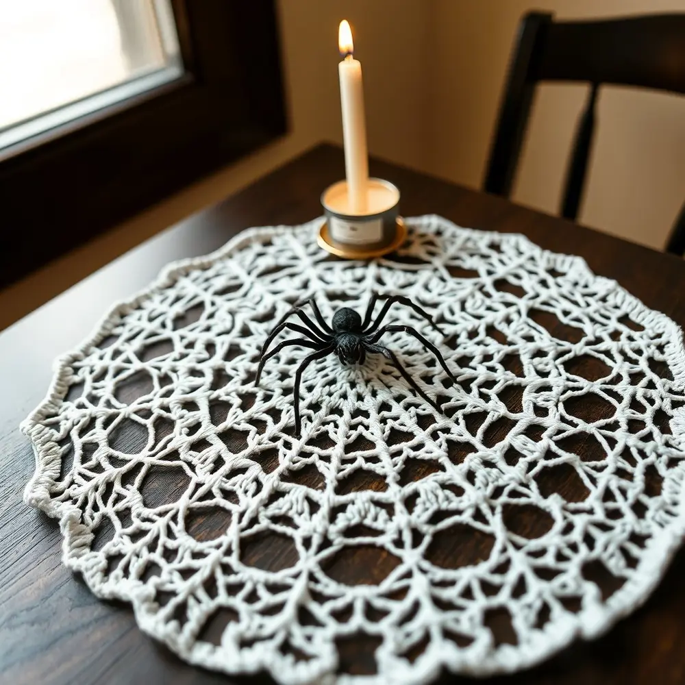 Crocheted lace doily with spider motif on dark wood table.