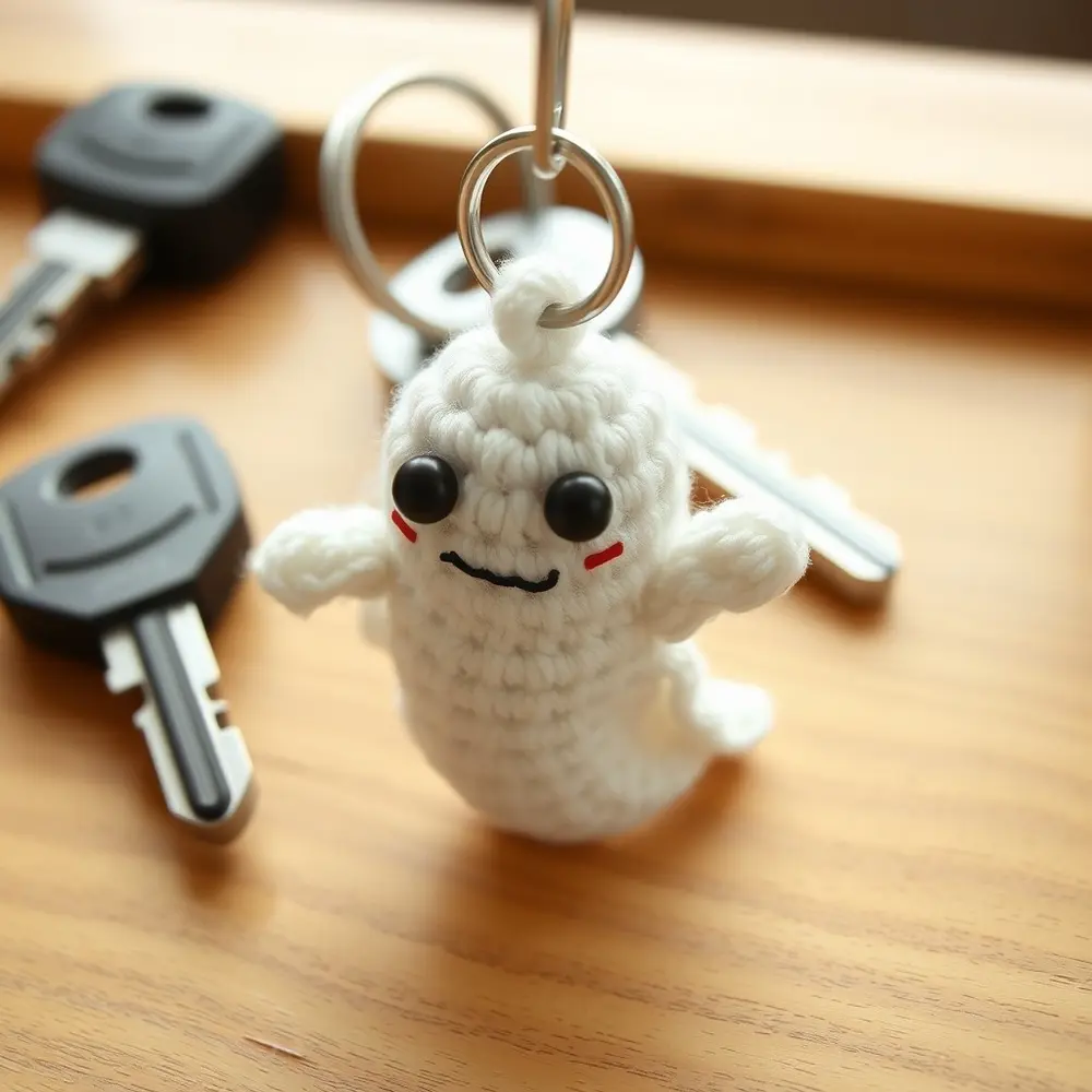 Small white crochet ghost keychain with black bead eyes on a keyring