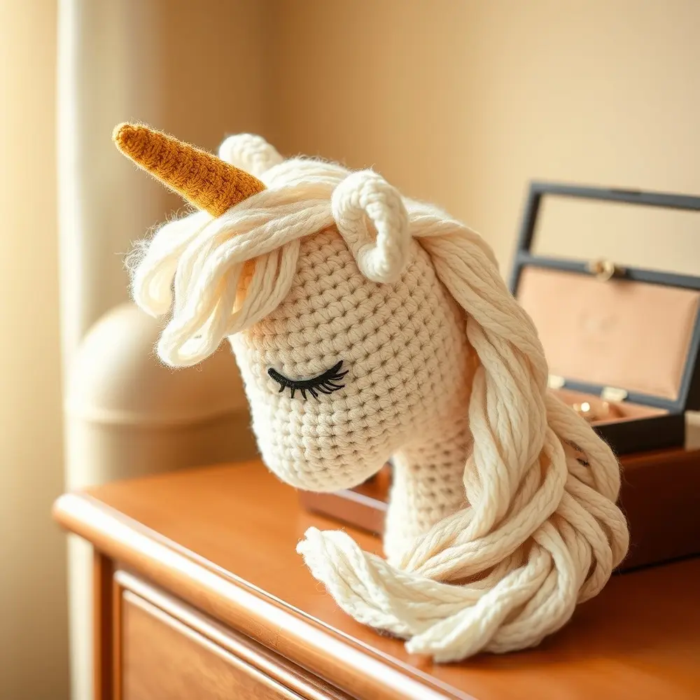 Child wearing crochet unicorn headband with golden horn and fluffy white tail