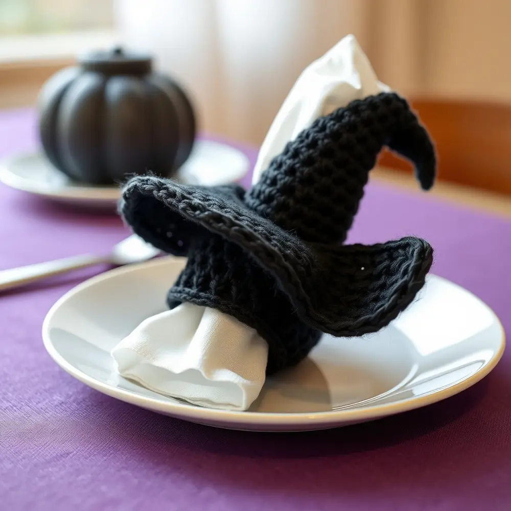 Black crochet witch hat napkin ring with purple band and orange buckle on a white napkin.