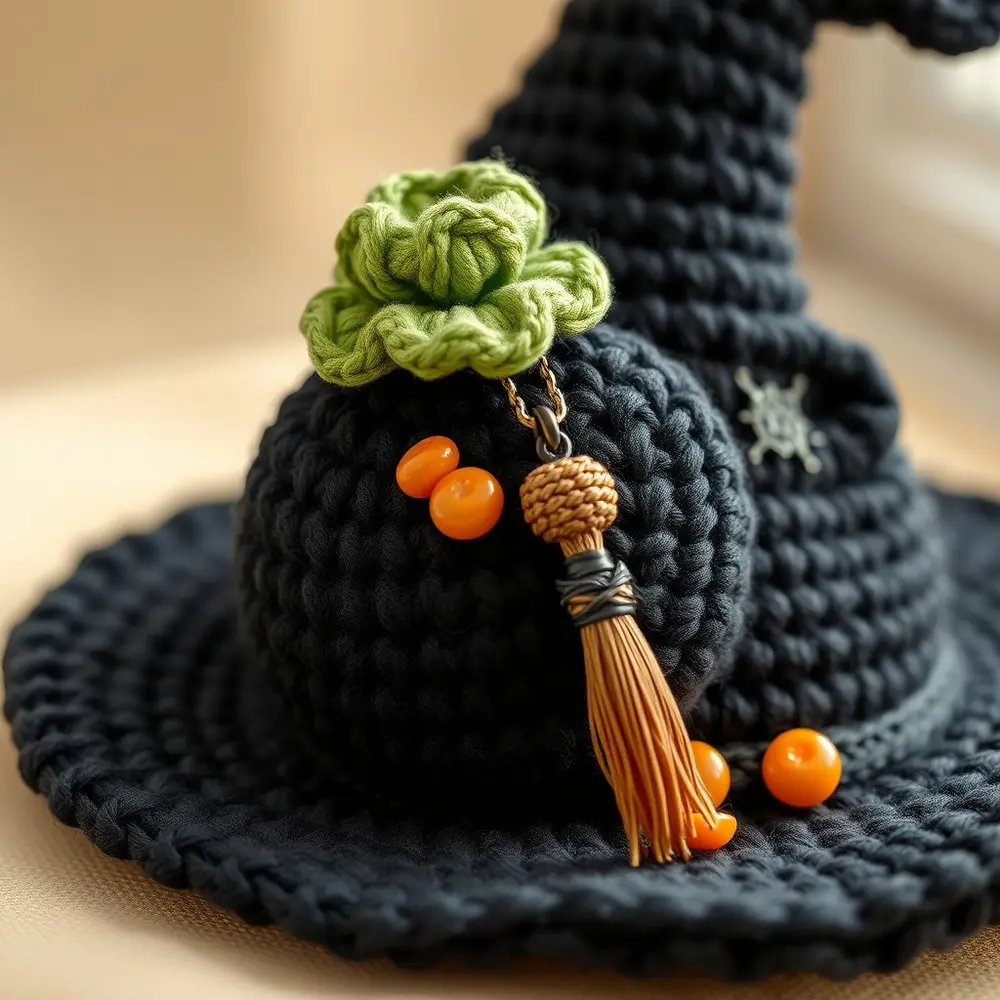 Round black crochet pouch with textured green top and tiny broom charm