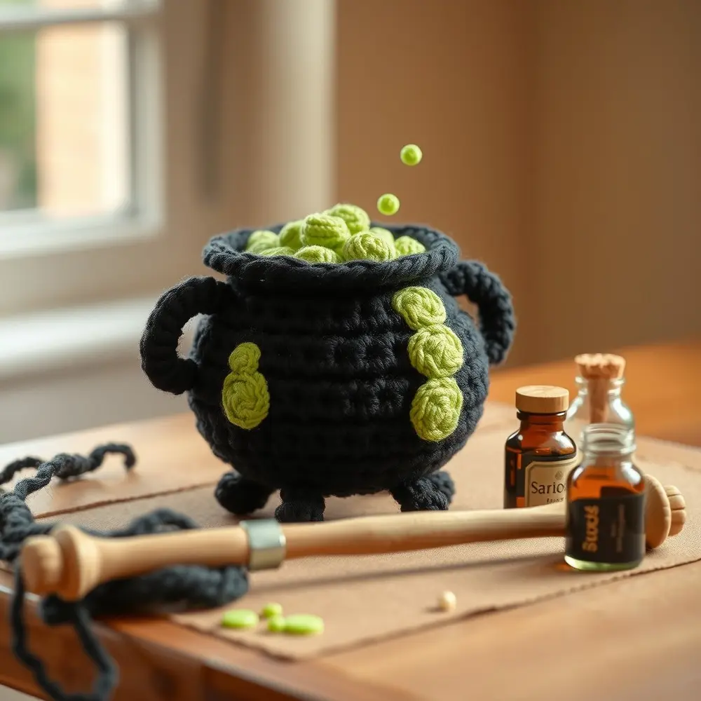 Crochet black cauldron with lime green bubbling top and wooden stir stick