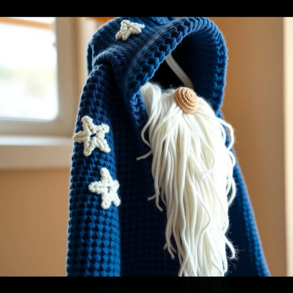 Child wearing a navy crochet robe with silver stars and a fluffy white beard